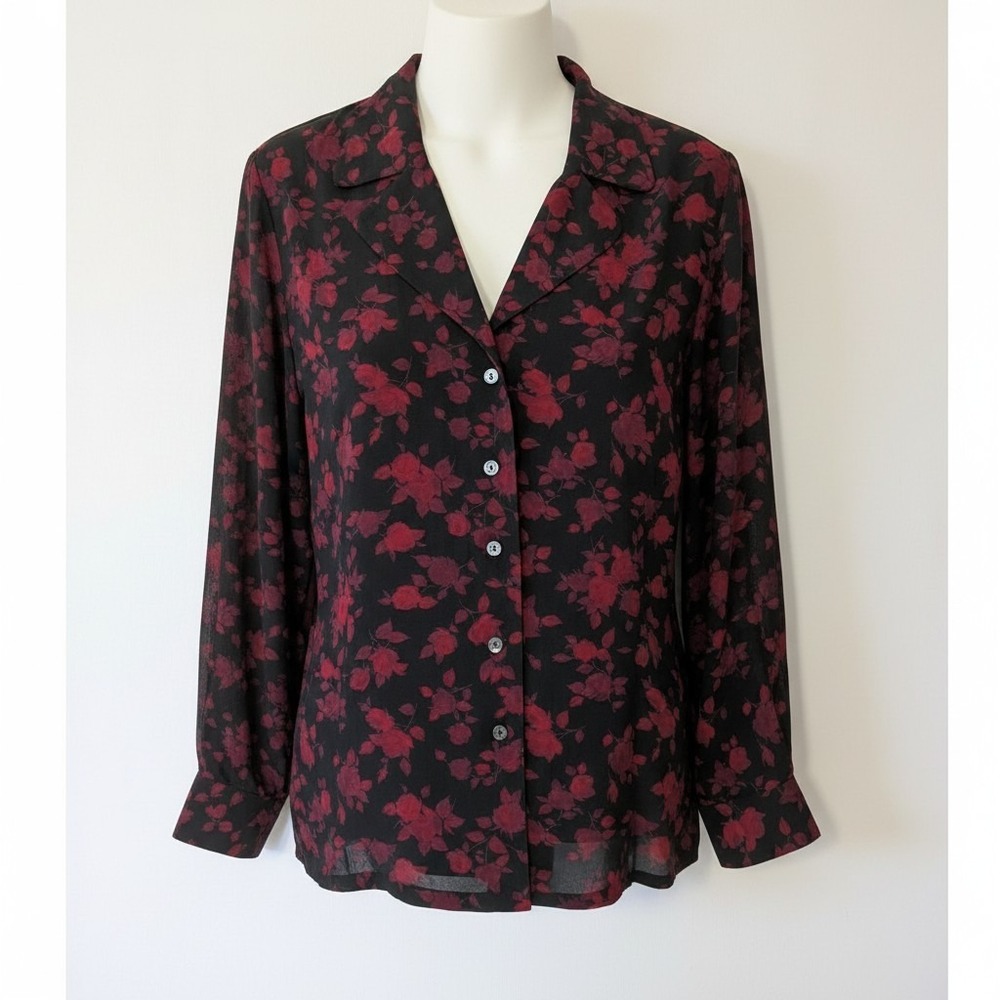 Elizabeth Liz Claiborne Black Red Floral Sheer Shirt Size 18P Dark Romantic Goth
